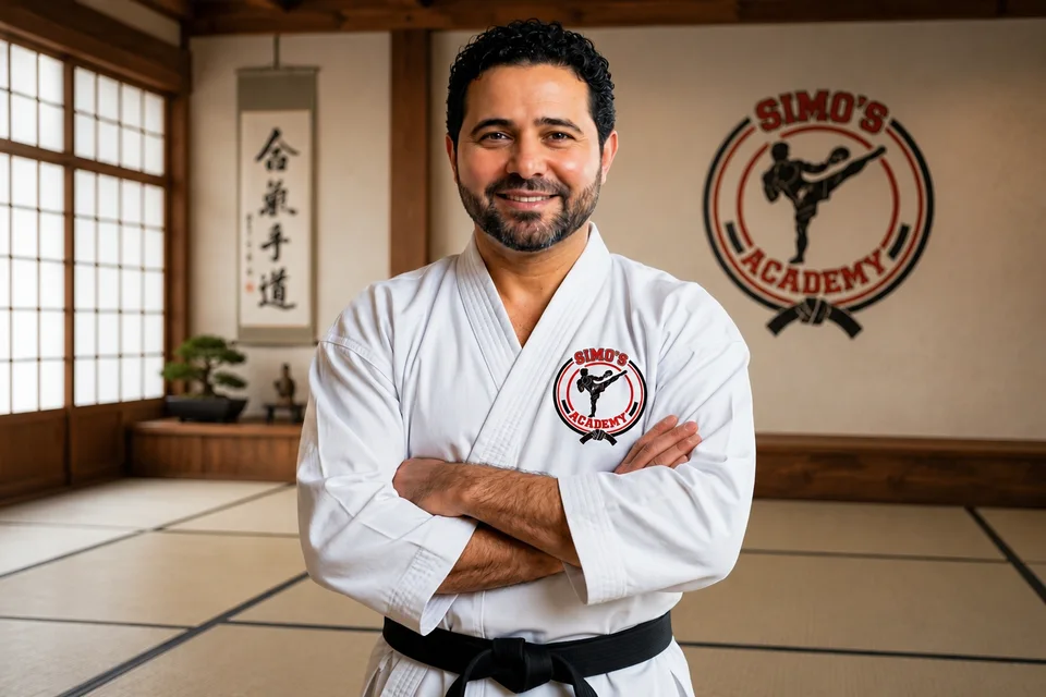 Coach Mohammad wearing a white martial arts uniform in the academy dojo.