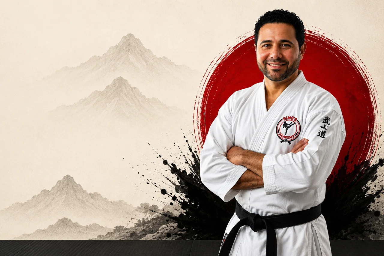 Coach Mohammad wearing a white martial arts uniform.