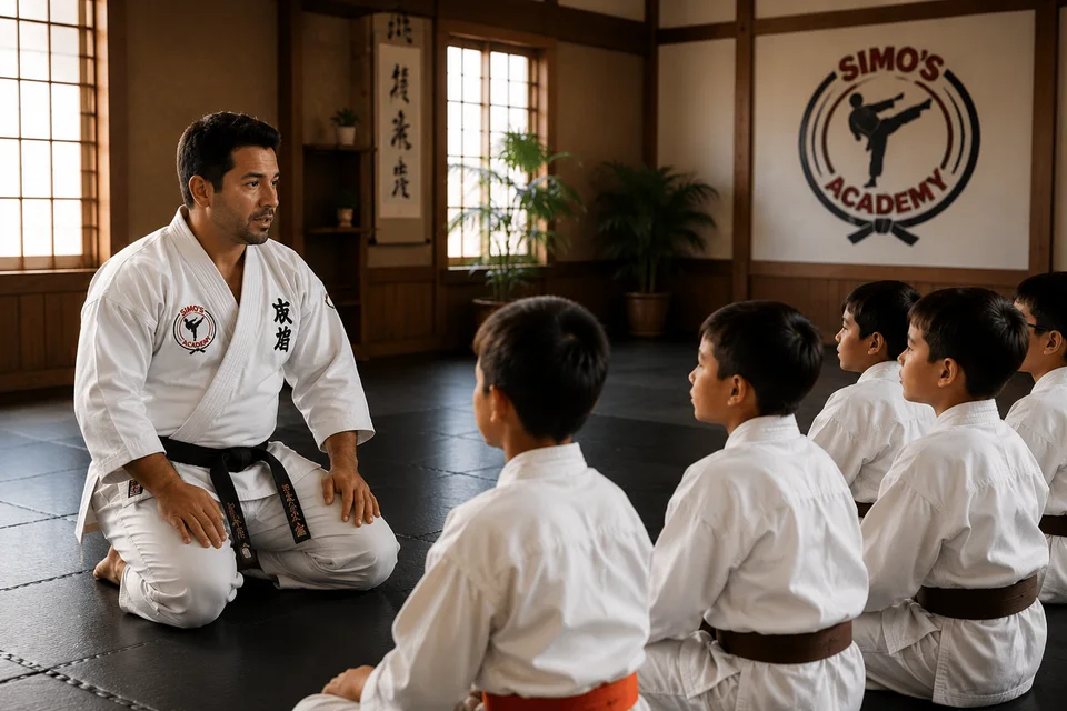 Martial arts instructor leading a youth class in the dojo.