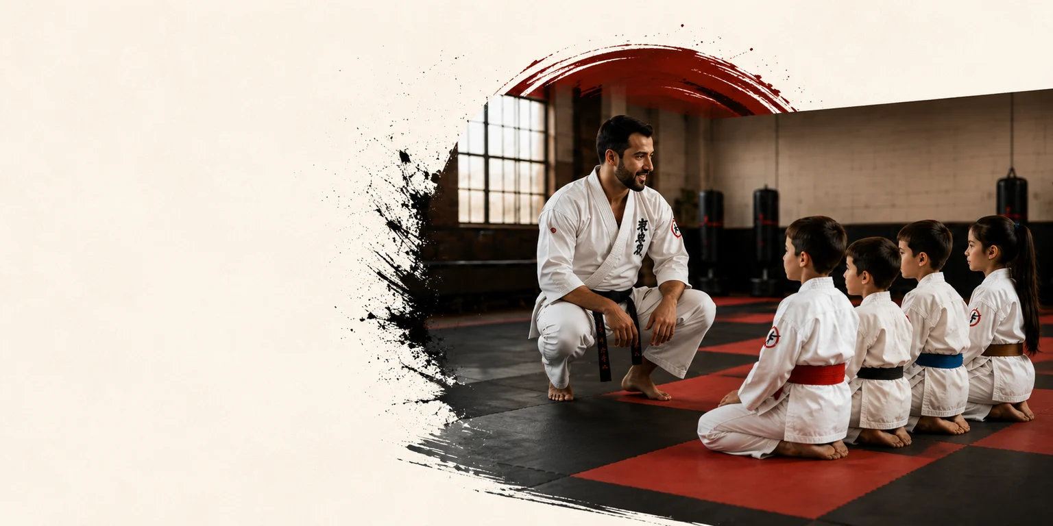 Coach Mohammad speaking with seated Simo's Academy martial arts students in the dojo.