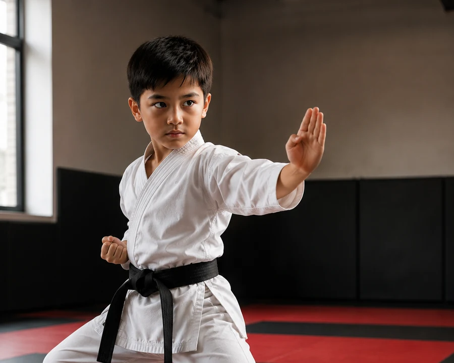 Youth martial arts student practicing a karate stance.