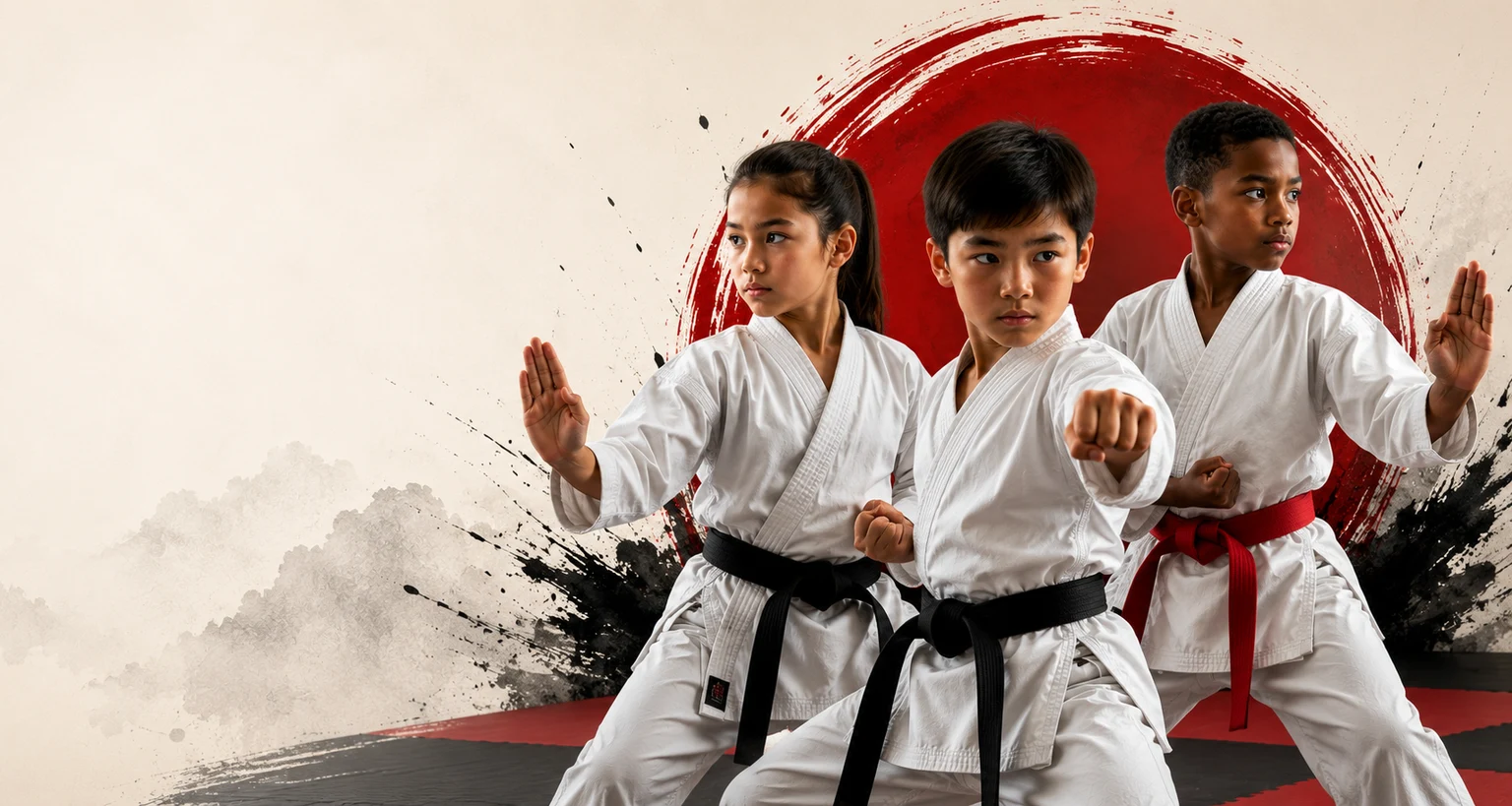 Youth martial arts students practicing karate in the academy dojo.
