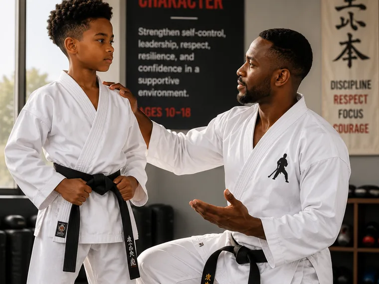 Martial arts coach encouraging a young student during class.