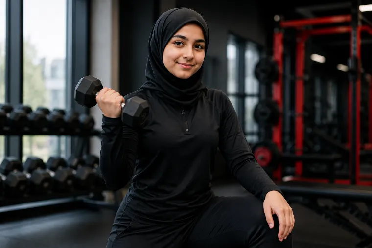 Muslim teenage girl doing fitness training in a gym.