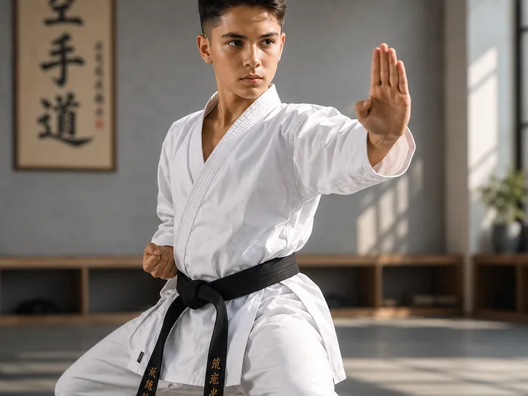 Youth karate student practicing a focused blocking stance in a dojo.