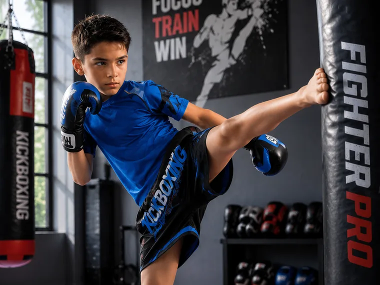 Youth kickboxing student landing a controlled high kick on a heavy bag.