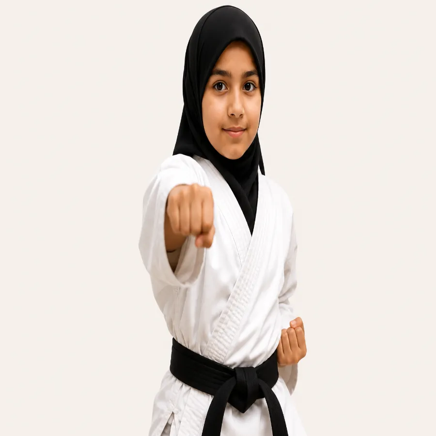 Muslim teenage girl in a hijab practicing a karate stance.