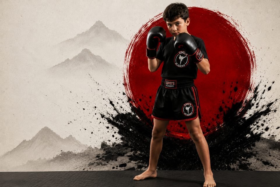 Youth martial arts student wearing boxing gloves in a focused kickboxing stance.