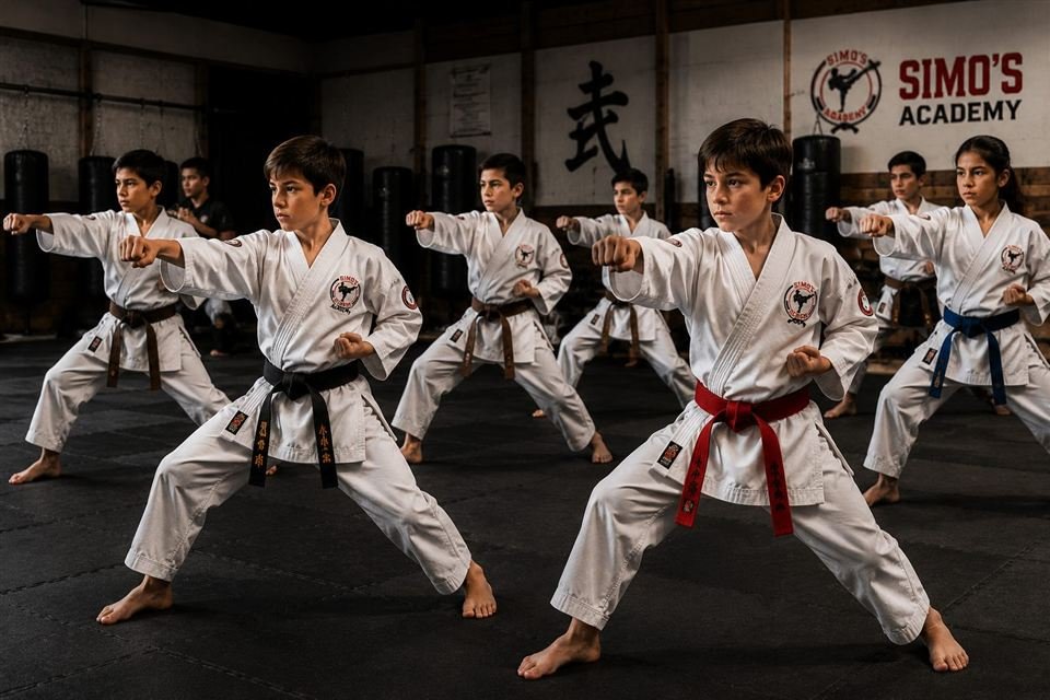 Youth karate students practicing together in a structured dojo class.
